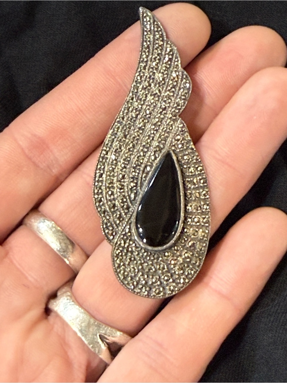Sterling silver Marcasite Teardrop Wing Pendant with Black Onyx